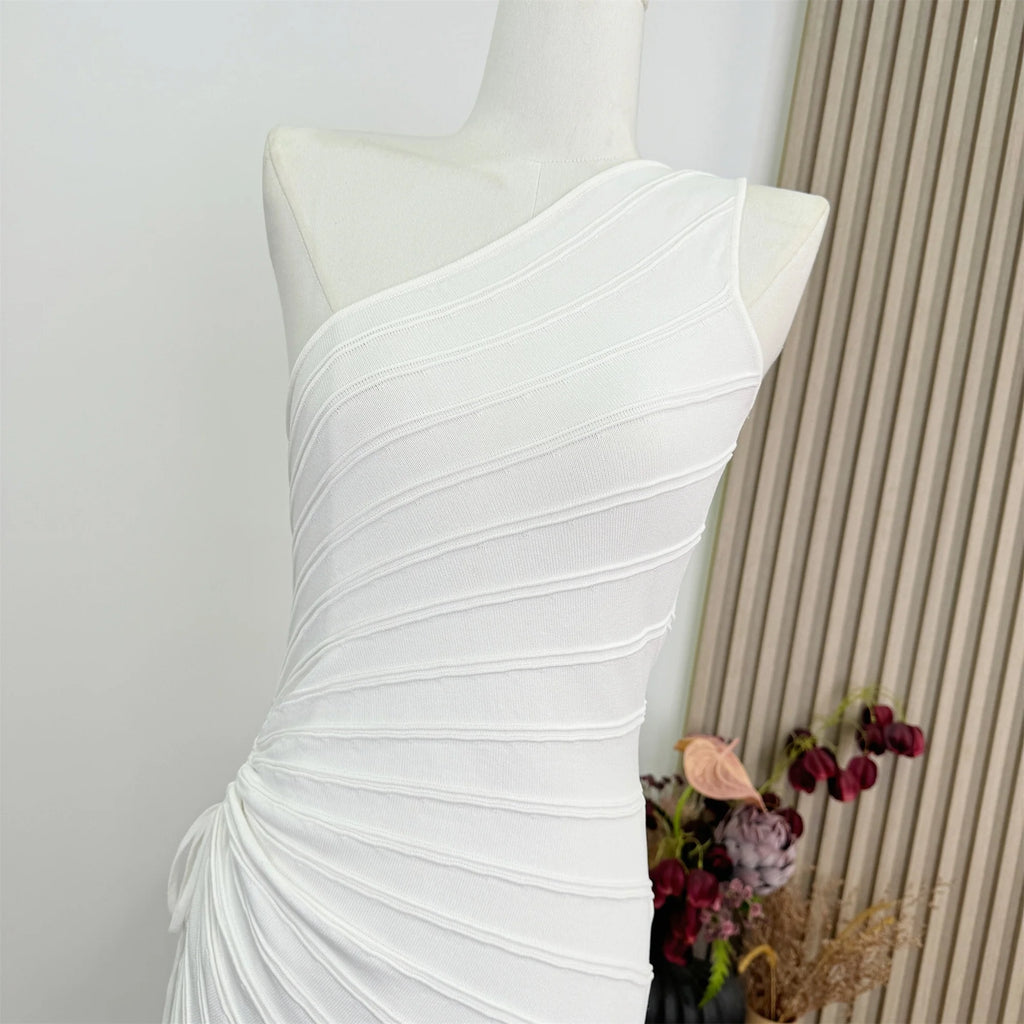 Women Elastic Summer Simple Party Dresses Sexy Irregular One Shoulder Stripe Sheath Pencil Dress
