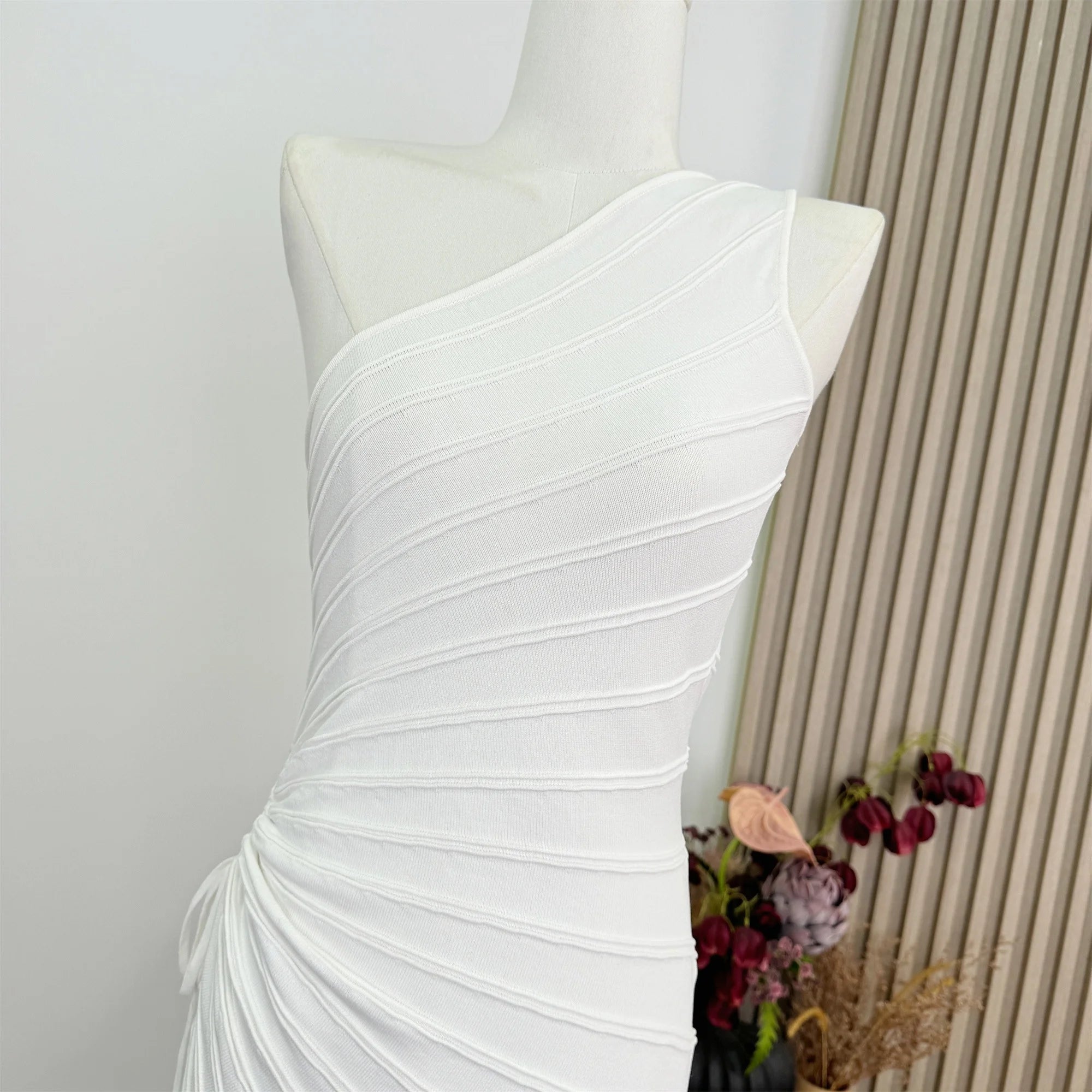 Women Elastic Summer Simple Party Dresses Sexy Irregular One Shoulder Stripe Sheath Pencil Dress