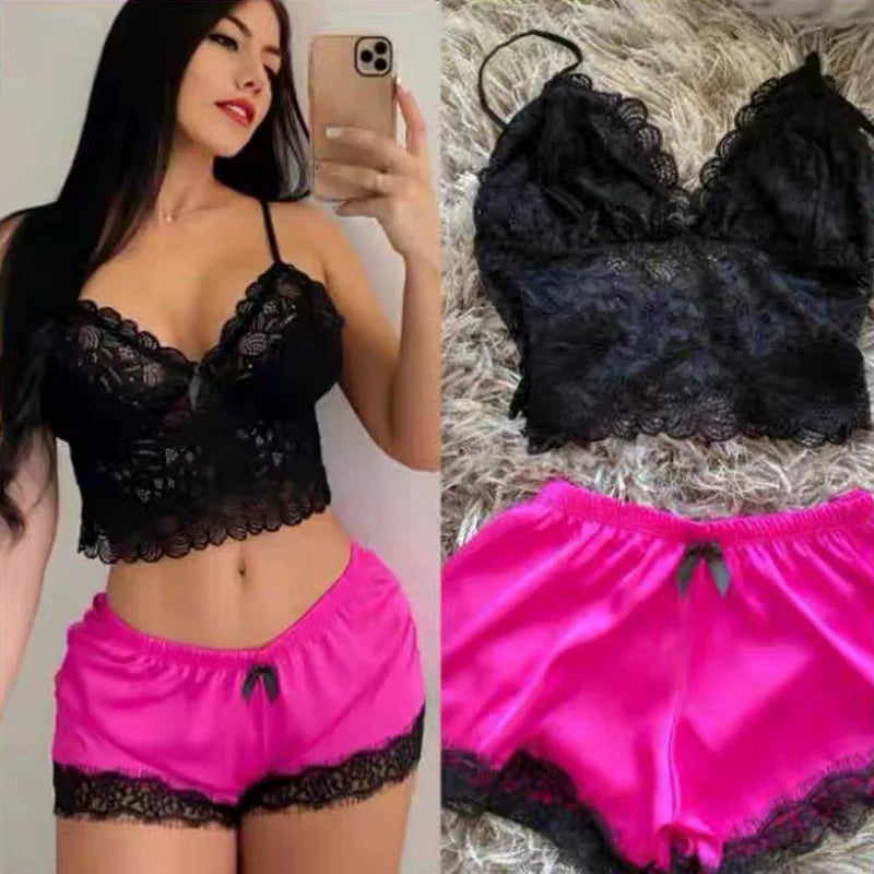 Women's 2 Piece Sexy Lace Pajama Set See-through Bralette Cami Top And Shorts Breathable Sleepwear Plus Size Summer Lingerie
