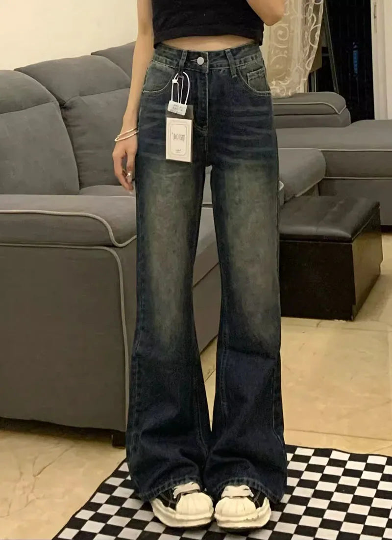 Retro Micro Denim Pants Women Jeans Straight Fit Spring-autumn Style Pear-shaped Figure Large Size High Waist Slimming Effect