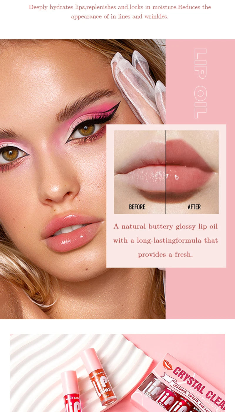 MAGIC CASA 6-Piece Set Water-Gloss Jelly Lip Oil - Plumping, Hydrating, Makeup Base, Long-Lasting Moisture