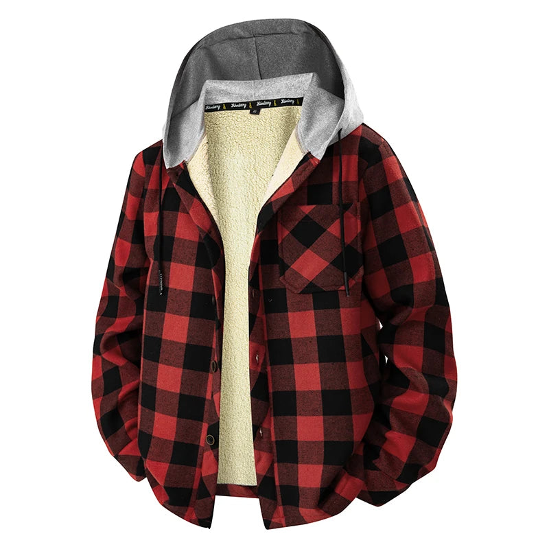 Plaid hooded contrasting color long sleeve zipper pocket cardigan men's casual stylish jacket top