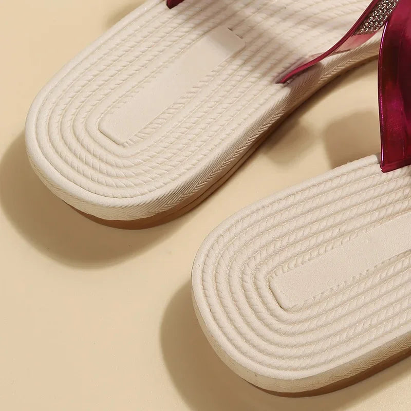 Women Summer Flat Rhinestone Flower Beach Slippers Comfy Clip Toe Lady Flat Beach Sandals Casual Female Flip Flops Zapatos Mujer