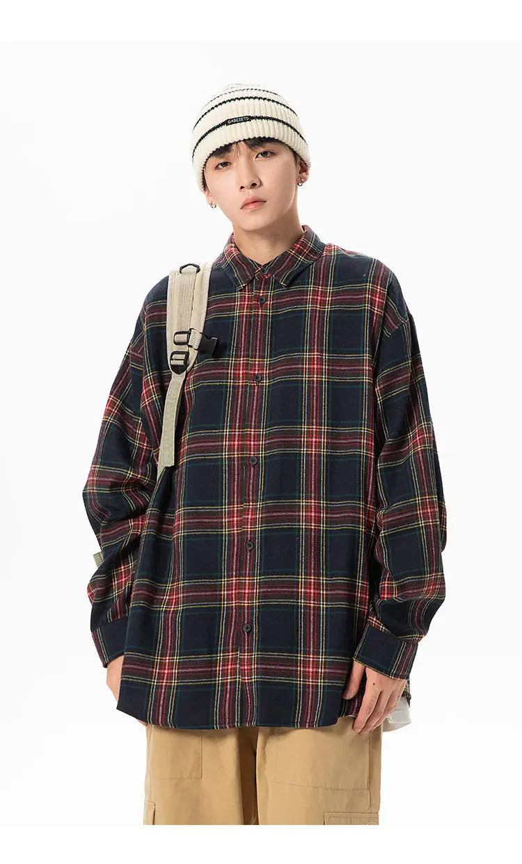 Plaid Shirt with Long Sleeves, Loose Fit, for Casual Men, Harajuku Style, Spring and Autumn Brushed Cotton Shirt.Oversized