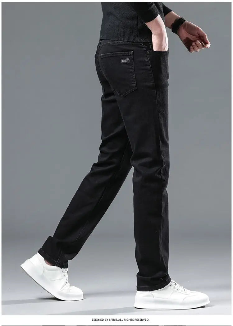 Amekaji Men Fashion  Slim Fit Jeans Male Elasticity Smart Casual Mid Classics Straight Denim Pants Wedding Party Black Trousers