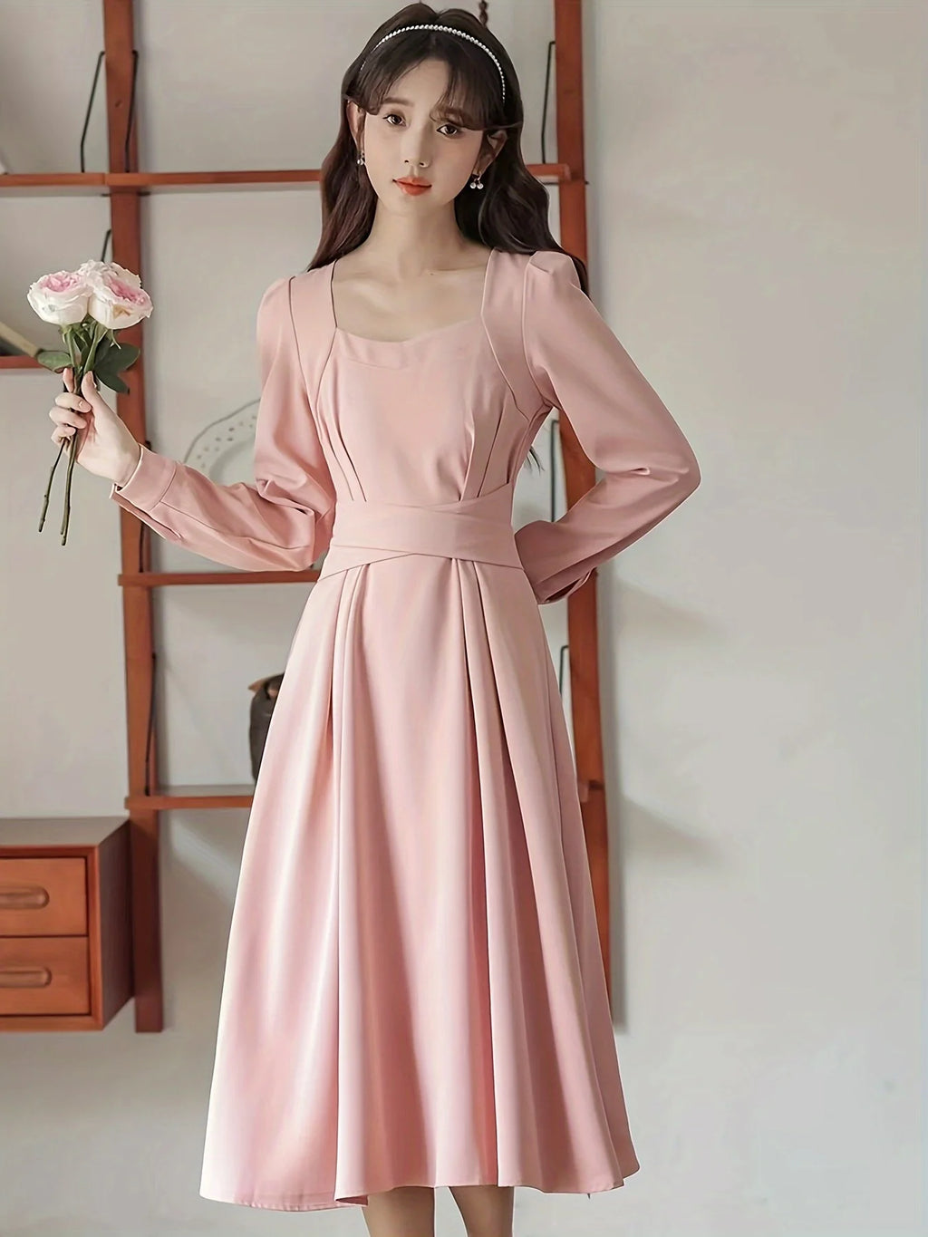 Square Neck Ruffle Hem Dress, Elegant Tie Back Aline Dress For Spring & Fall, Women's Clothing