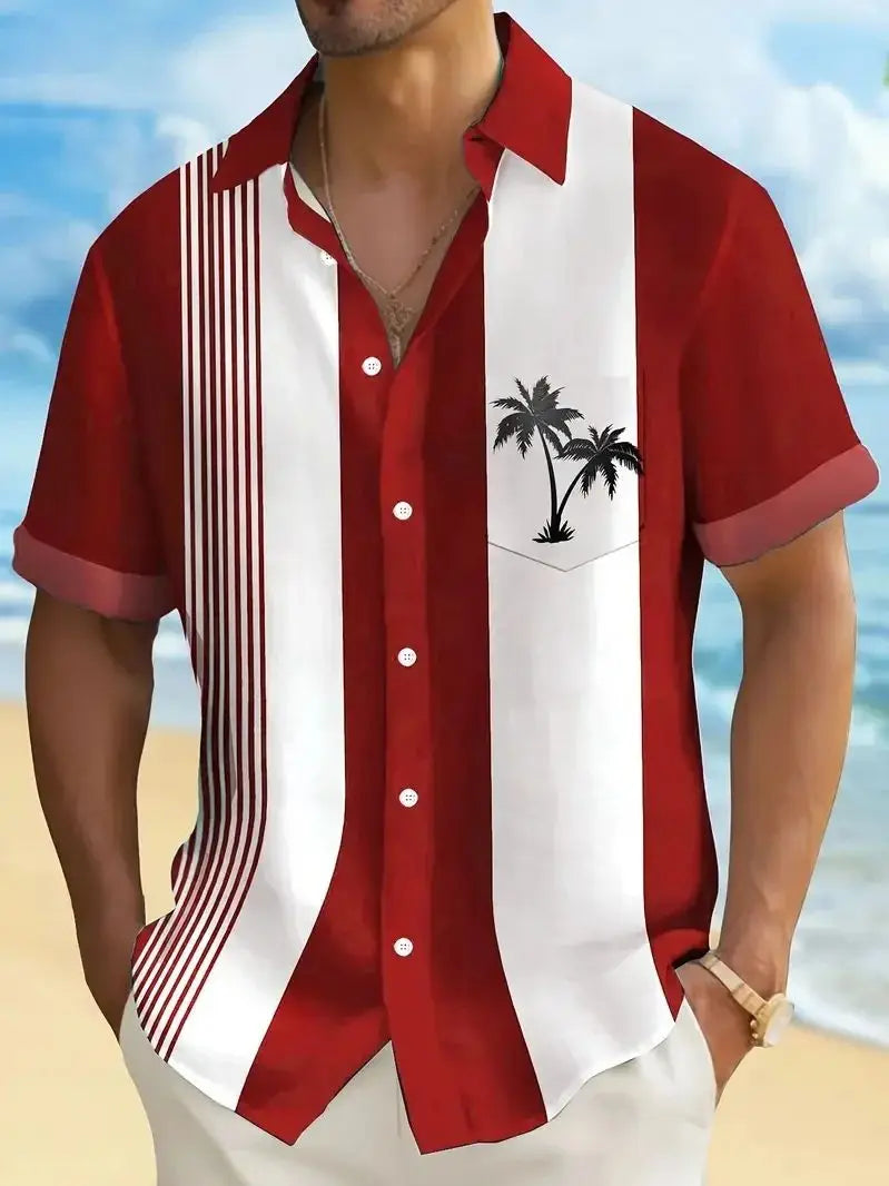 Summer Men's Shirts Hawaiian Blouse Stripe Print 2025 New Short Sleeve Single Breasted Oversized Tops Camisa Clothing Buttons