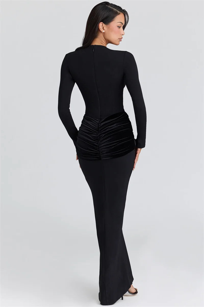 Mozision Long Sleeve High Waist Ruched Sexy Maxi Dress Women Gown Elegant Black Patchwork O Neck Bodycon Club Party Long Dress