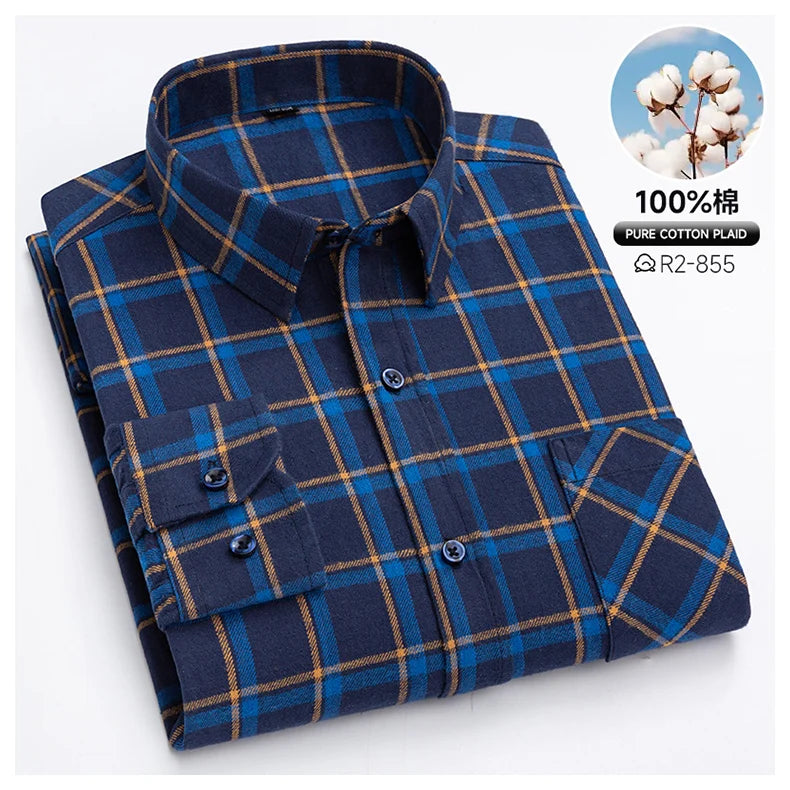 Pure Cotton Men's Plaid Shirts Long Sleeved Regular Fit Casual Office Fashion Shirts Leisure Autumn Male Check Blouses Plus Size