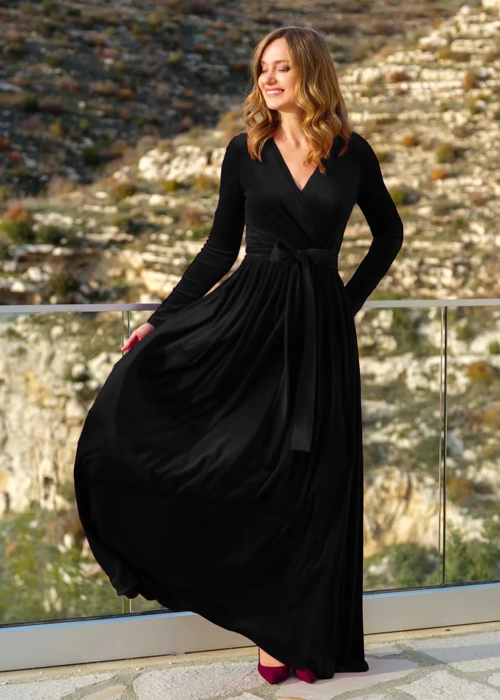 Elegant Women's German Velvet Long Sleeve Dress Autumn Winter New Slim Fit Fashion Waist Tie Female Bridesmaid Long Pocket Dress