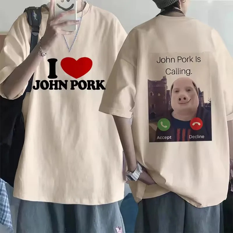 Funny John Pork Is Calling Answer Call Phone Tee Shirt for Men Women Pig Tops Tshirt Gothic Hip Hop T-shirt Streetwear Clothes