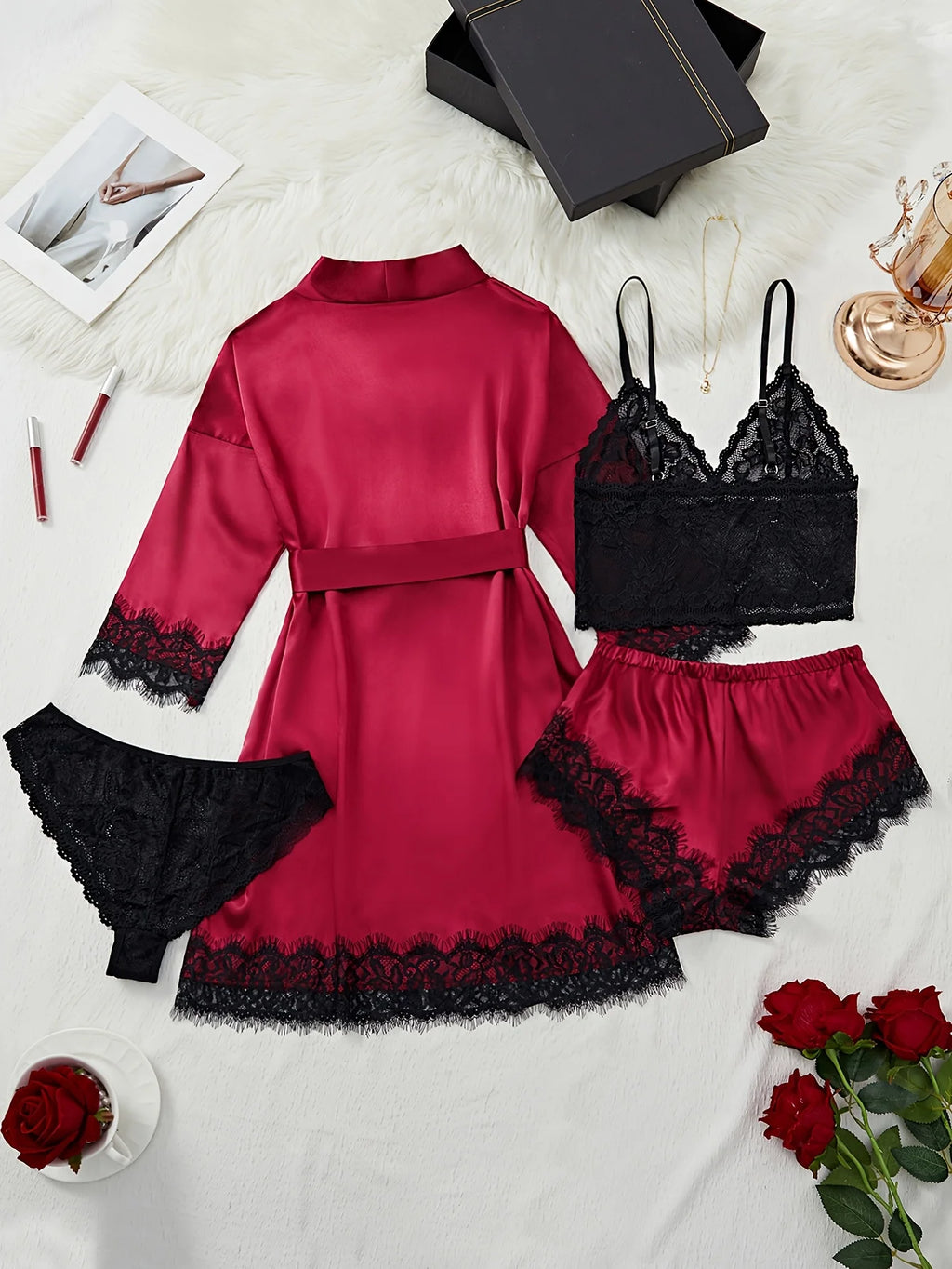 New Fashion Robe Lingerie Set Black Lace Bralette Thong Shorts Women's Luxury Sleepwear Nightwear Elegant Sexy Gift Bridal