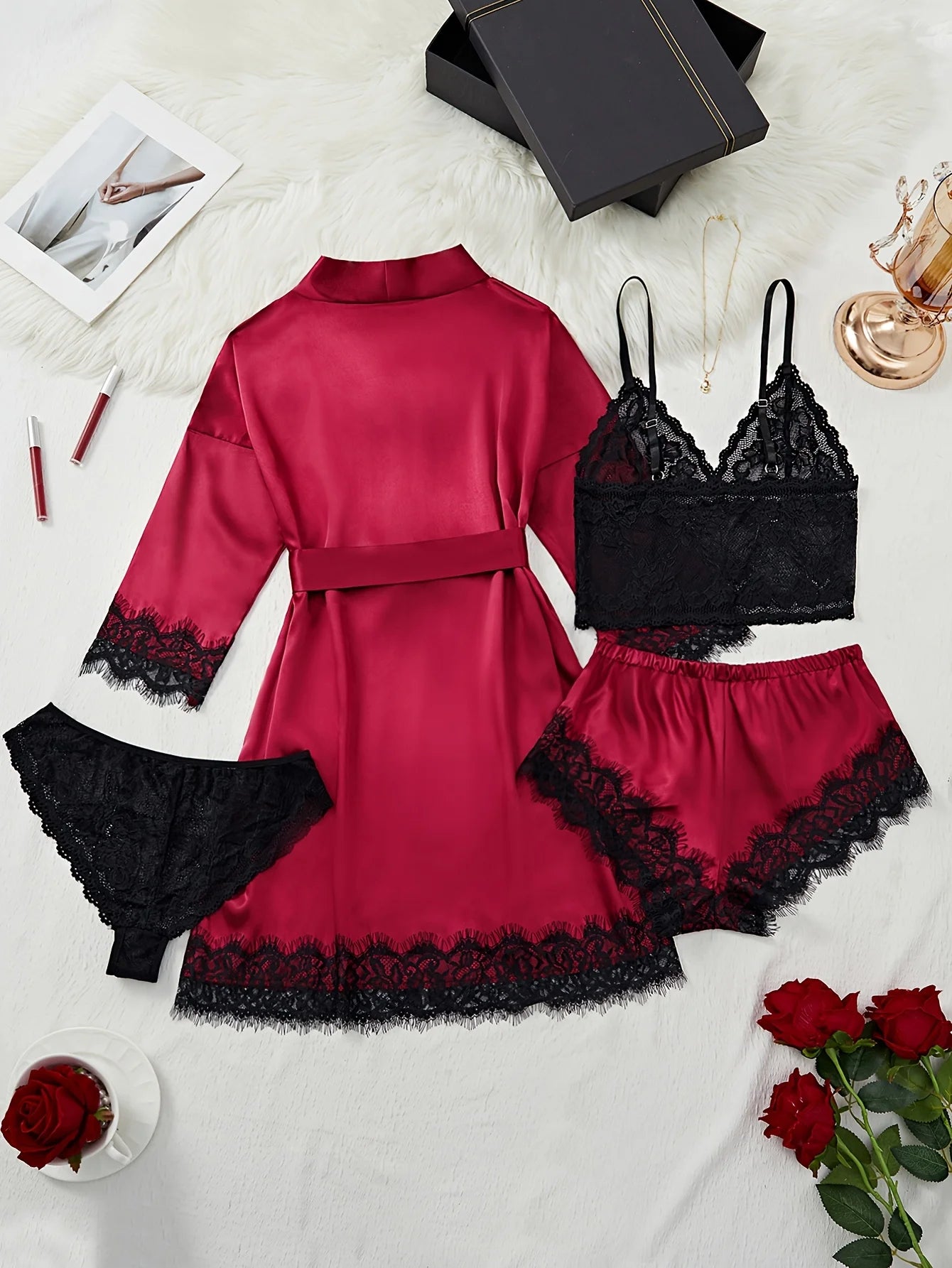 New Fashion Robe Lingerie Set Black Lace Bralette Thong Shorts Women's Luxury Sleepwear Nightwear Elegant Sexy Gift Bridal
