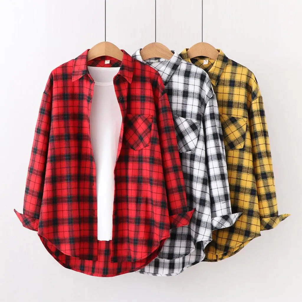 Fresh Flannel Plaid Shirt Women 2025 New Female Blouses and Tops Cotton Loose Long Sleeve Casual Shirts Fine Women's Clothes