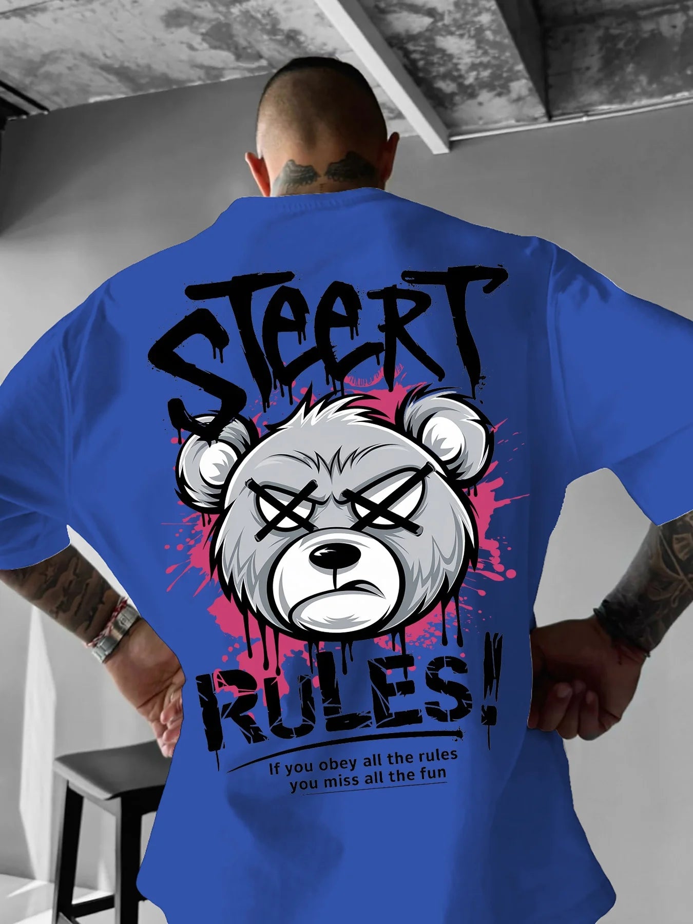 Summer Men's New Angry Bear Letter Printed Comfortable and Breathable Round Neck T-shirt Outdoor Street Versatile Top