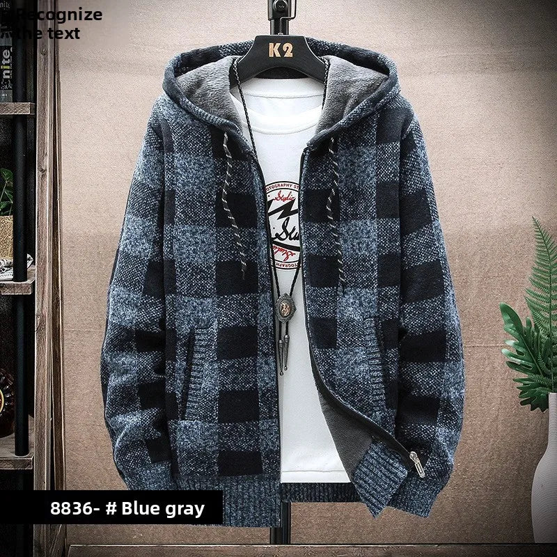 Men's Hooded Thickened Fleece Knitwear Casual Outerwear Winter Warm Plaid Cardigan Coat Large Size Comfortable Street Style