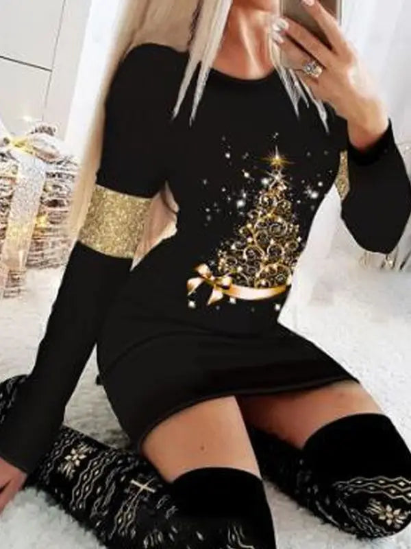 Black White Snowflake Deer Pattern Women's Dress Autumn Winter Sext Long Sleeve Bodycon Mini Dress Elegant Red Christmas Dresses