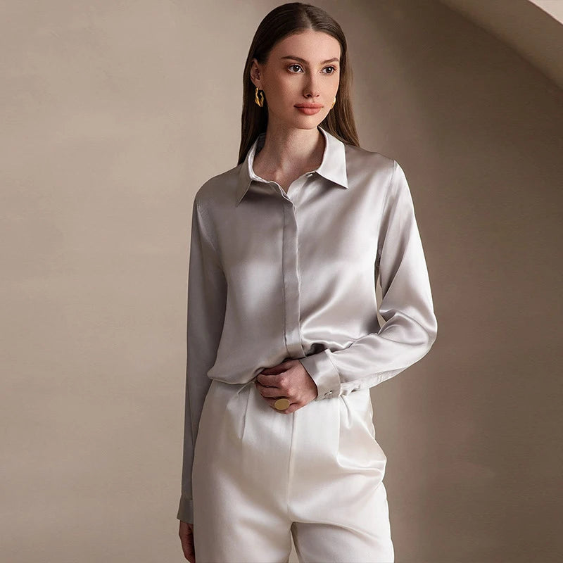 Spring Covered Button Mulberry Silk Shirt Long Sleeve Ladies Clothing Luxury 19Mm 100% Silk Women'S Fashion Blouses