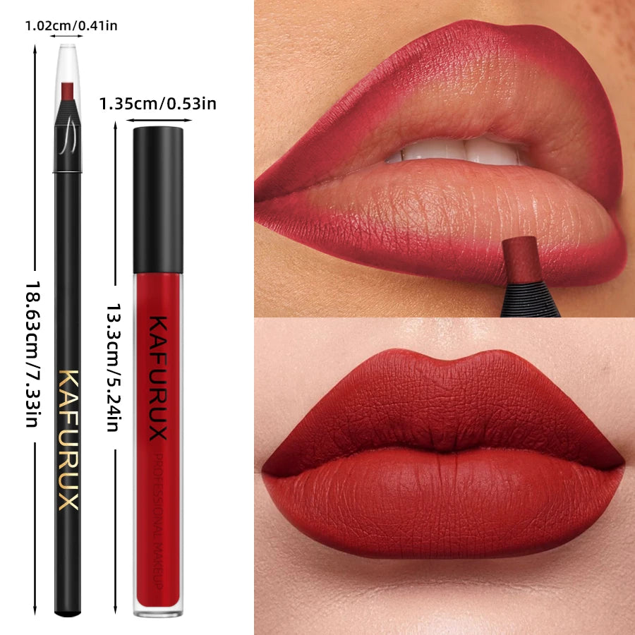 2PCS Sexy Red Lip Liner Pen and Matte Lip Glaze Set Liquid Lipstick Korean Makeup Gifts Lip Gloss High Pigment Lip Tint Cosmetic