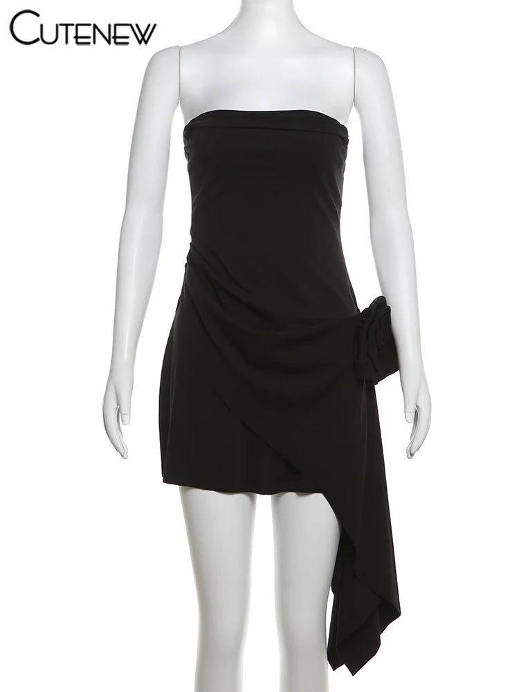 Nibber Floral Solid Mini Dress Women Basic Trend Birthday Party Chic Irregular Strapless Cross Sheath Vestidos Concise Clothing