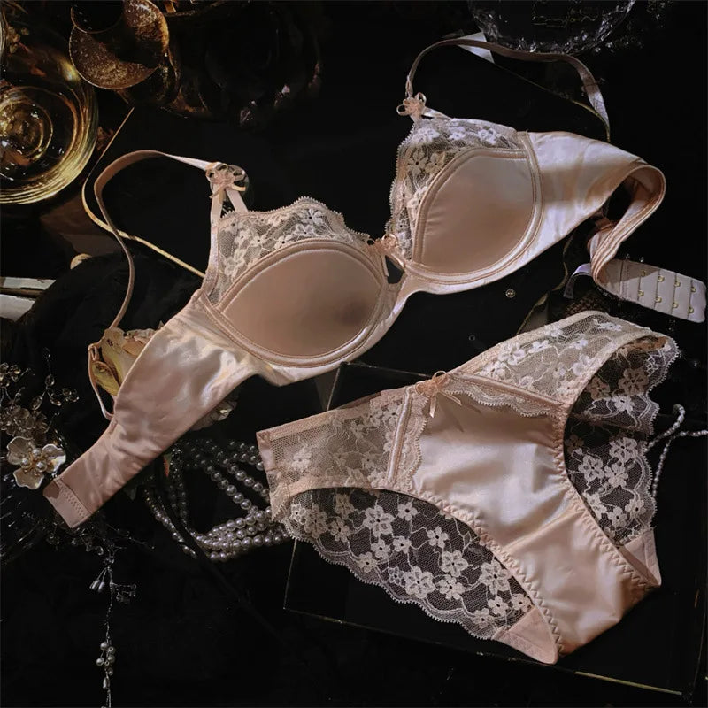 Sexy Lace Floral Bra Set Thin Section Breathable Small Breasts Gathered Collect Side Breasts Glossy Solid Color Underwear Set
