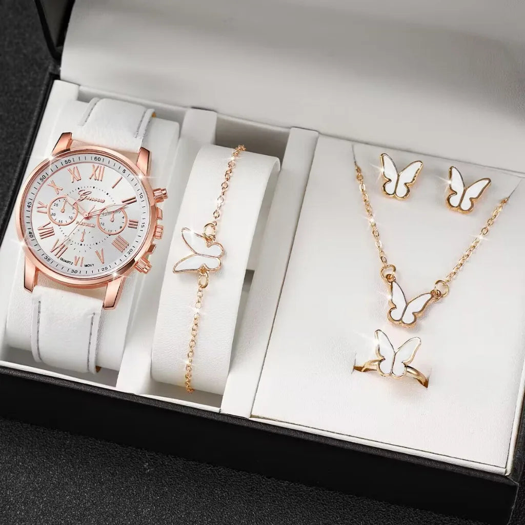 2/6pcs Luxury Watch Set Women Ring Necklace Earrings Rhinestone Fashion Wristwatch Female Casual Ladies Watches Bracelet(No Box)