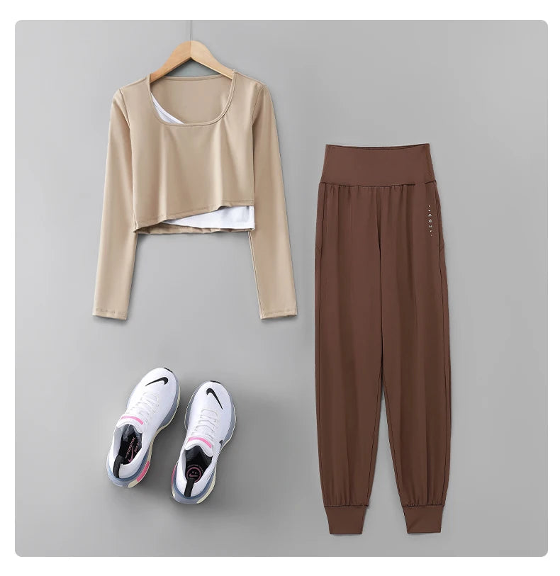 DRUR Women Yoga Set Loose Fit Gym Outfit Long Sleeve Top Pants 2 Piece Sportswear Outfit Running Jogging Suit Fitness Clothing