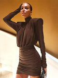 Nibber Classic Turtleneck Dress Women Shoulder Padded Ruched Sexy Office Commute Simple Peach Hip Skinny Elegant Mini Bodycon