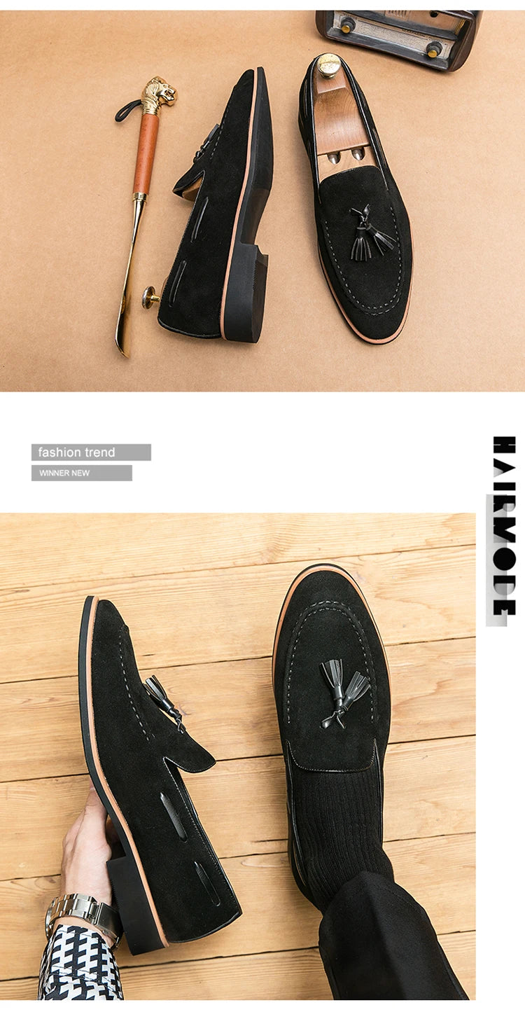 British Style Tassel Loafers Man Quality Suede Leather Shoes For Man Luxury Pointed Elegant Gentleman's Shoes chaussures homme
