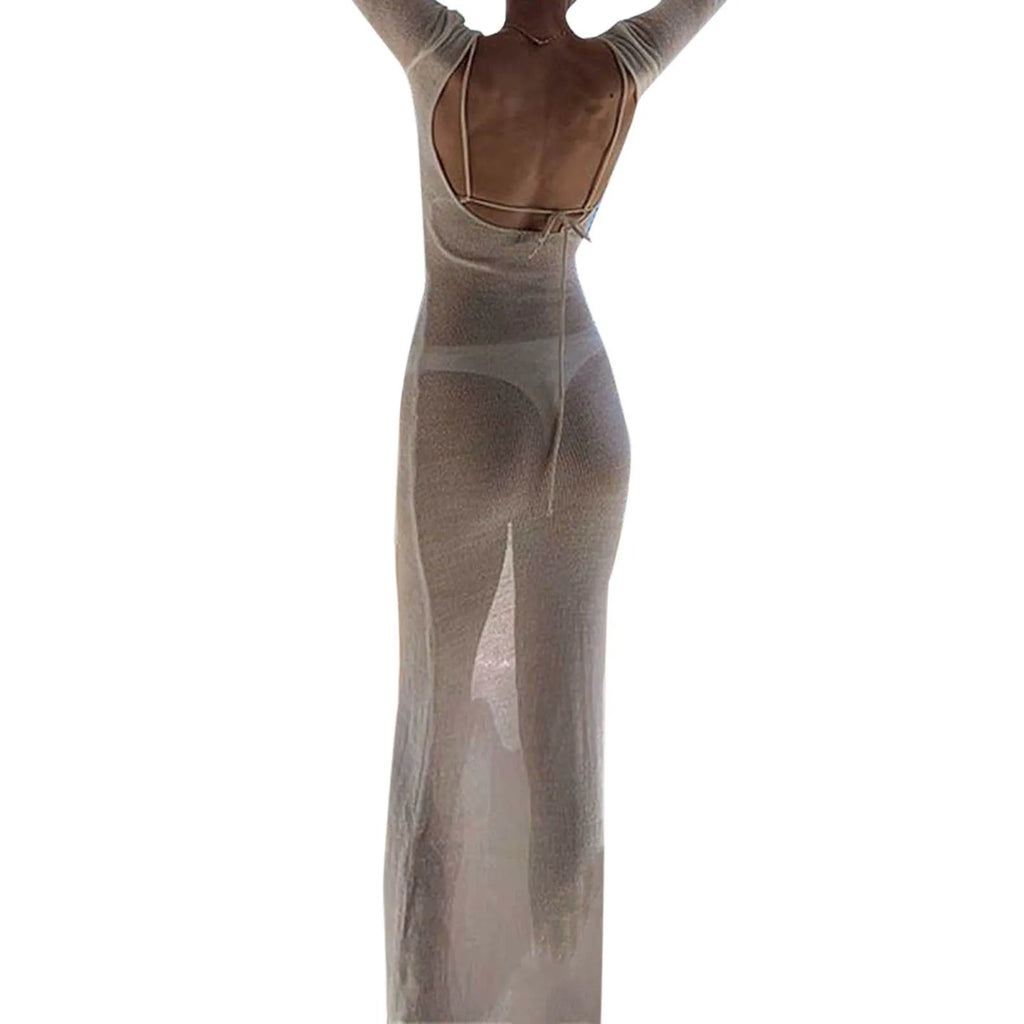 Women Wrapped Dress, Long Sleeve Round Neck See Through Sunscreen Solid Color Backless Beach Long Dress