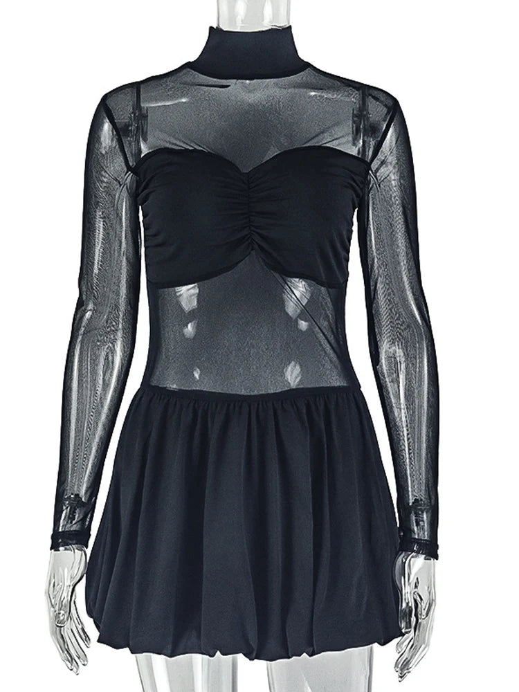 Beyprern Sexy Sheer Mesh Long Sleeve Mini Dress Y2K Women See Through Bodycon Short Skirt Stand Clubwear Party Outfit