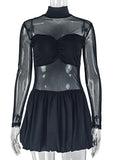Beyprern Sexy Sheer Mesh Long Sleeve Mini Dress Y2K Women See Through Bodycon Short Skirt Stand Clubwear Party Outfit
