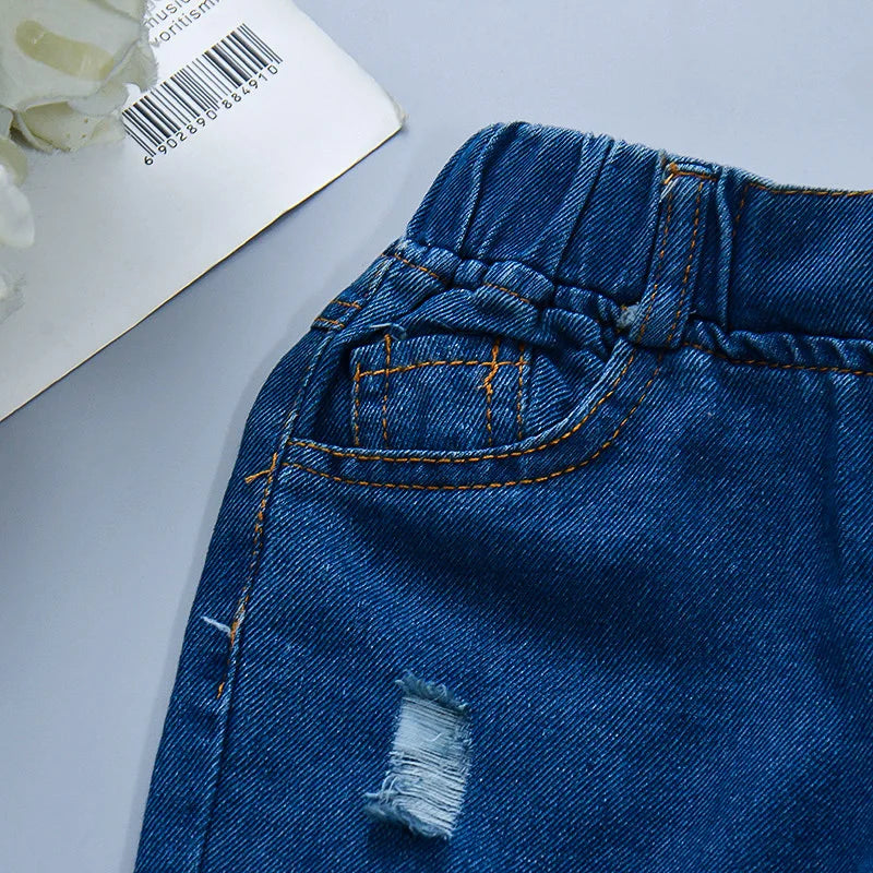 Children's Jeans Children's Clothing Autumn New Style Girls' Versatile Straight Tube Hole Casual Korean Style Boys' Pants