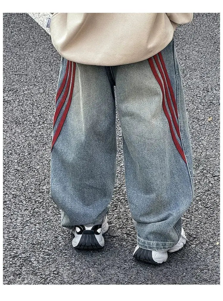 Spring 2026 Children Denim Pants YBFSKID Red Striped Spliced Toddler Kids Boys Jeans Little Baby Boys Trousers 2-10Y Boys Pants