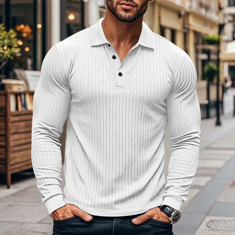 Men's Autumn  Classic Casual  Elastic Pit Strip Polo ShirtAmerican  Lapel Button-up Long-Sleeved T-shirt