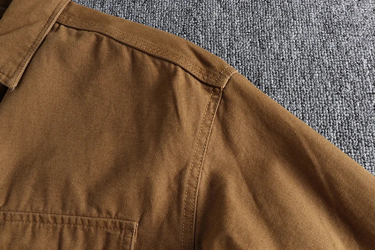 Sleeve patch washed grain woven cotton long sleeve shirt Men's daily tooling retro trend youth thin coat