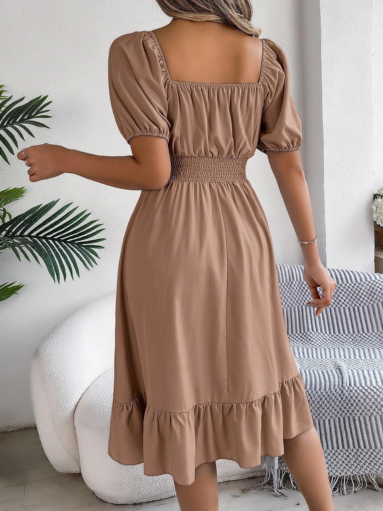 Spring Summer Elegant High Waisted Dress Square Neck Short Sleeved Ruffled Edge Long Dresses for Women 2026 Valentine's Day