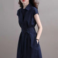 Summer New Elegant Fashion Polo-neck Shirring Waist A-line Dresses Ladies Short Sleeve Temperament Simple Dress Robe Vestidos