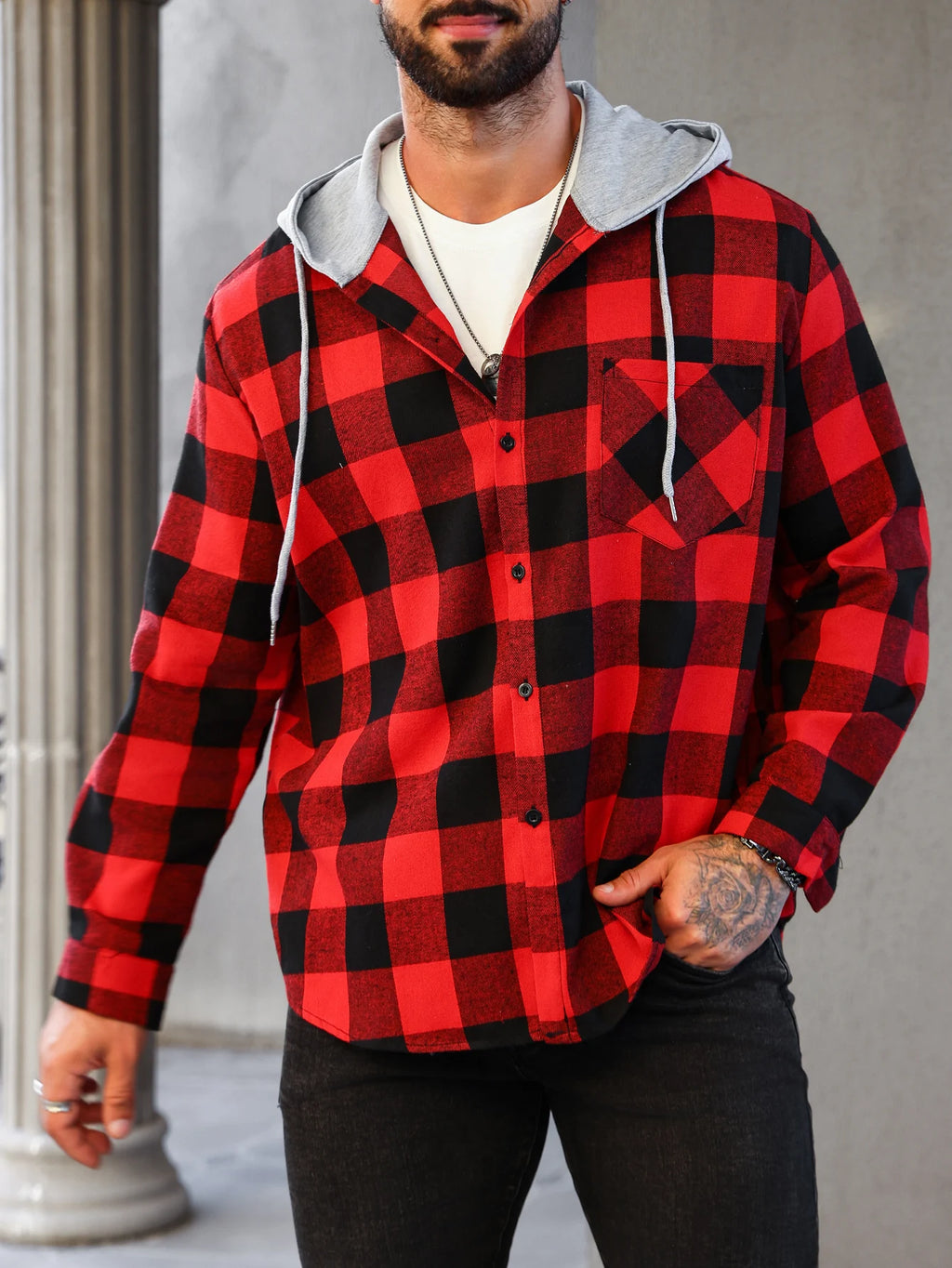 Mens Colorful Plaid Hooded Cardigan Color Block Sweatshirt with Pockets Top Jacket