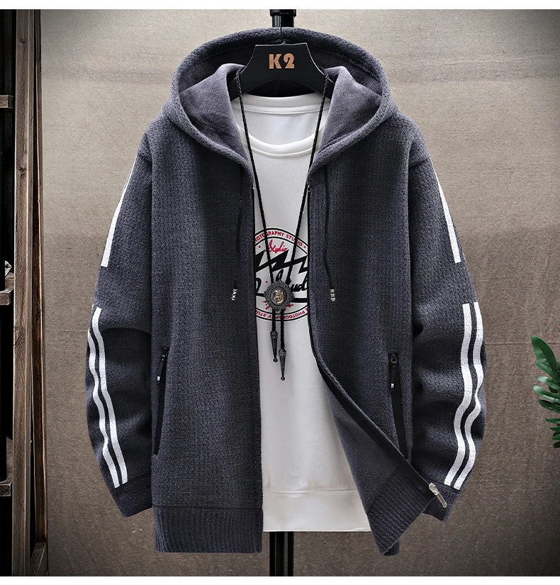 Mens Fashion Sweater Cardigan Fleece Lined Hood Sweaters Jacket Retro Sweaters Coat Zipper Up Knit Cardigans