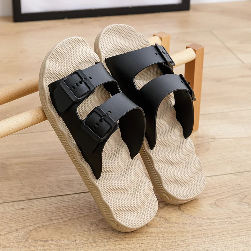 Men's Breathable Buckle Sandal Slippers Summer Outdoor Indoor House Shoes Non-Slip Thick Sole Casual Solid Color Slides