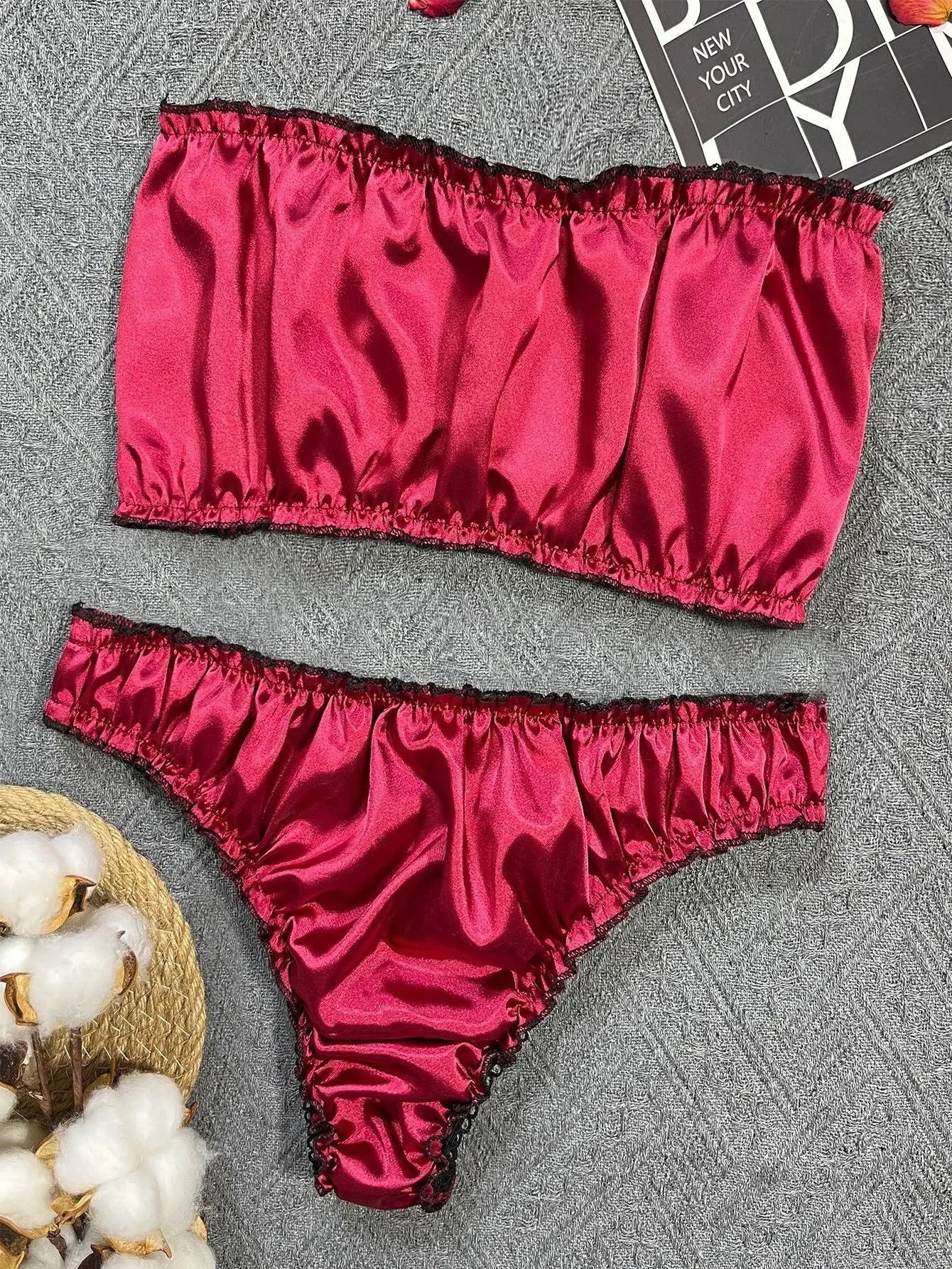 Women's Sexy Lingerie Set Black Lace Trim Strapless Tube Top + Shorts Solid Color Outfits Chest Wrap Backless Crop sleepwear