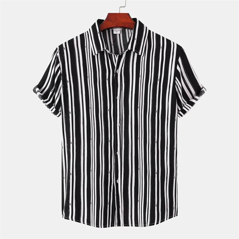Hawaiian Fashion Black White Striped Plaid Shirt For Men Casual Vacation 3d Print Tops Beach Short Sleeve Summer Street Shirts