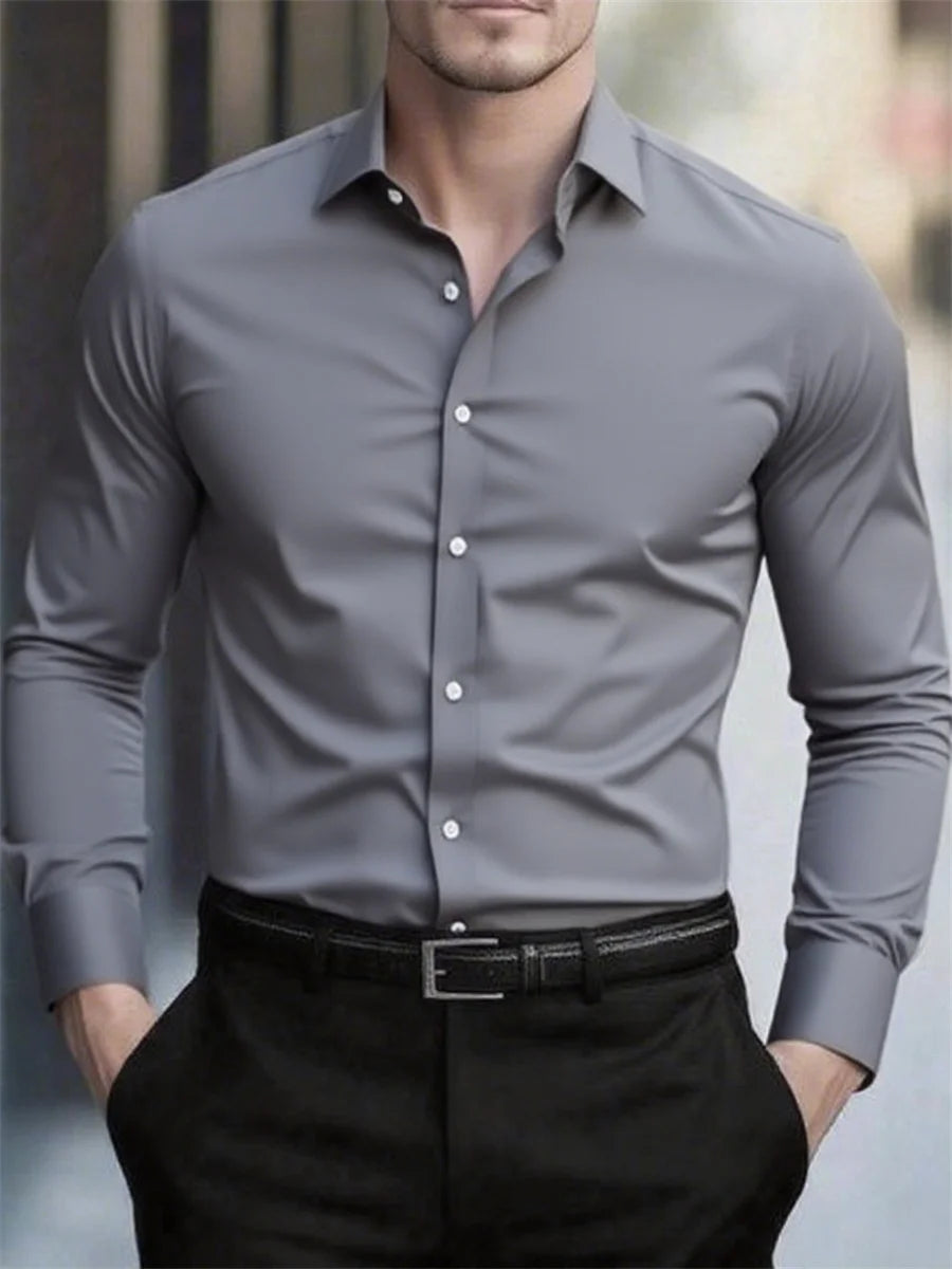 High quality men's solid color long sleeve business shirt, no need to iron, high quality social dress formal casual two use