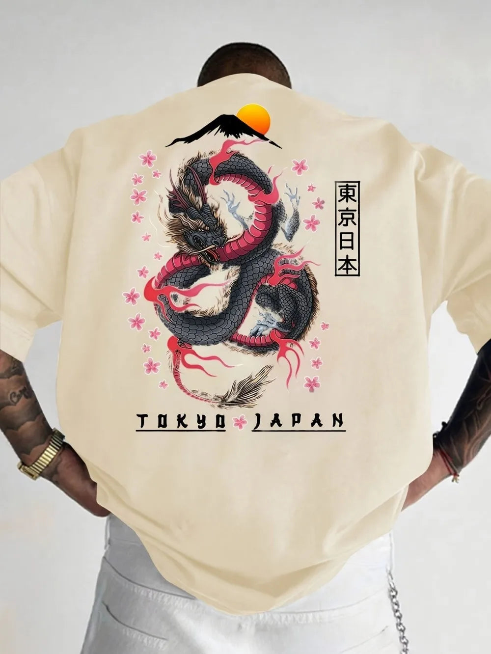 Fashionable men's summer new dragon print flower comfortable breathable round neck T-shirt outdoor street style top