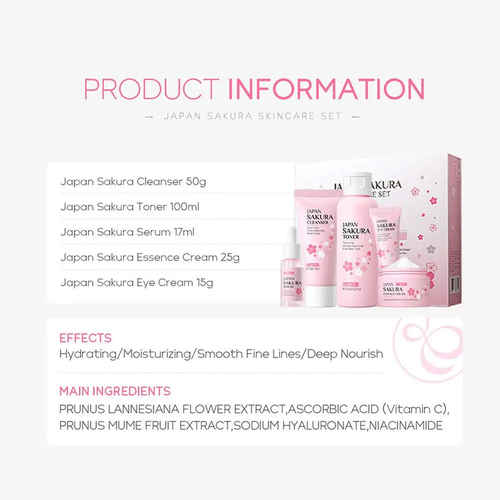 Sakura skin care sets with cleanser, serum, eye cream, facial cream, sunscreen beauty products for women, travel skin care kit