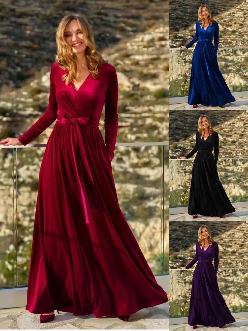 Elegant Women's German Velvet Long Sleeve Dress Autumn Winter New Slim Fit Fashion Waist Tie Female Bridesmaid Long Pocket Dress