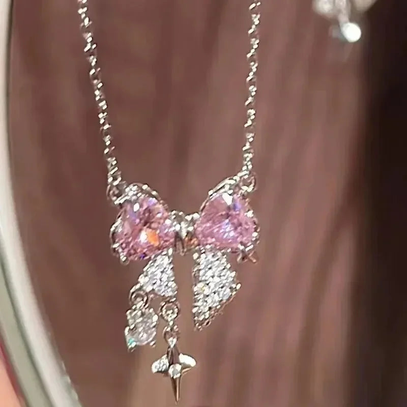 Luxury Fairy Pink Bow Shape Pendant Necklace Rings Set for Women Y2k Clavicle Chain Birthday Party Anniversary Gift Jewelry