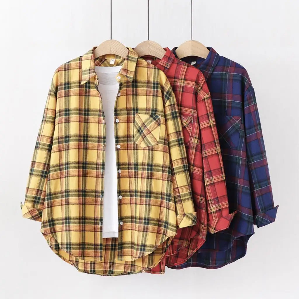 Fresh Flannel Plaid Shirt Women 2025 New Female Blouses and Tops Cotton Loose Long Sleeve Casual Shirts Fine Women's Clothes