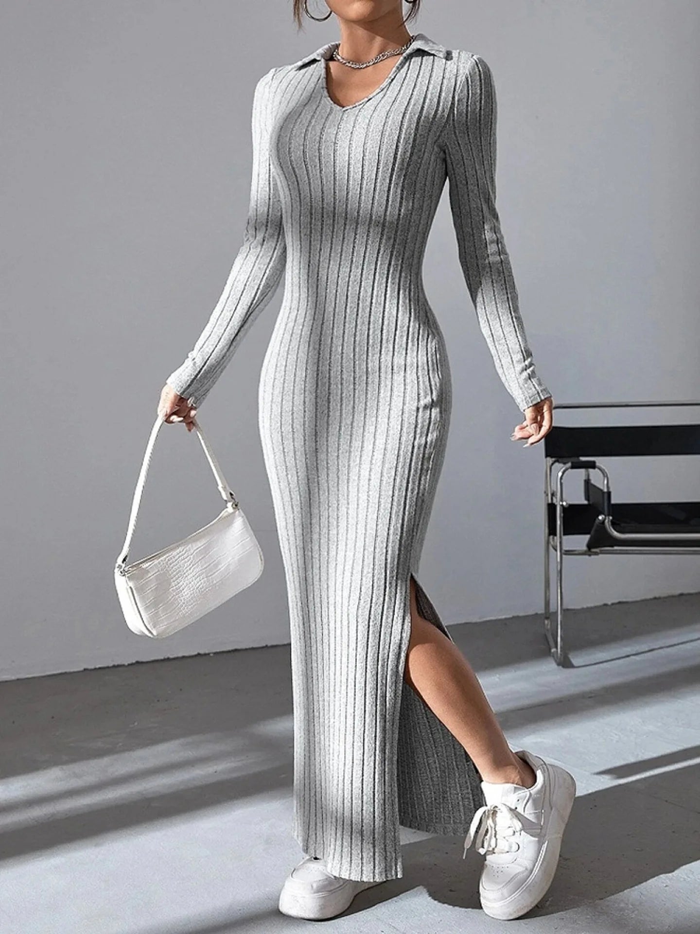 Spring and summer 2024 new style knitted slim lapel long sleeve dress pit strip solid color tight skirt